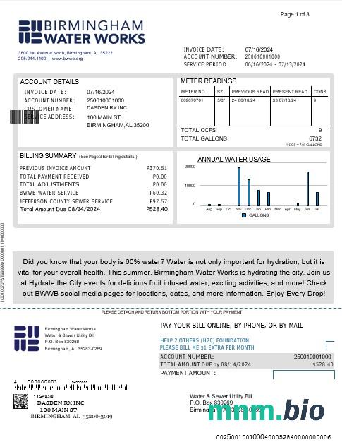Wielka Brytania BIRMINGHAM WATER rachunek za usługi komunalne Word and PDF template 1